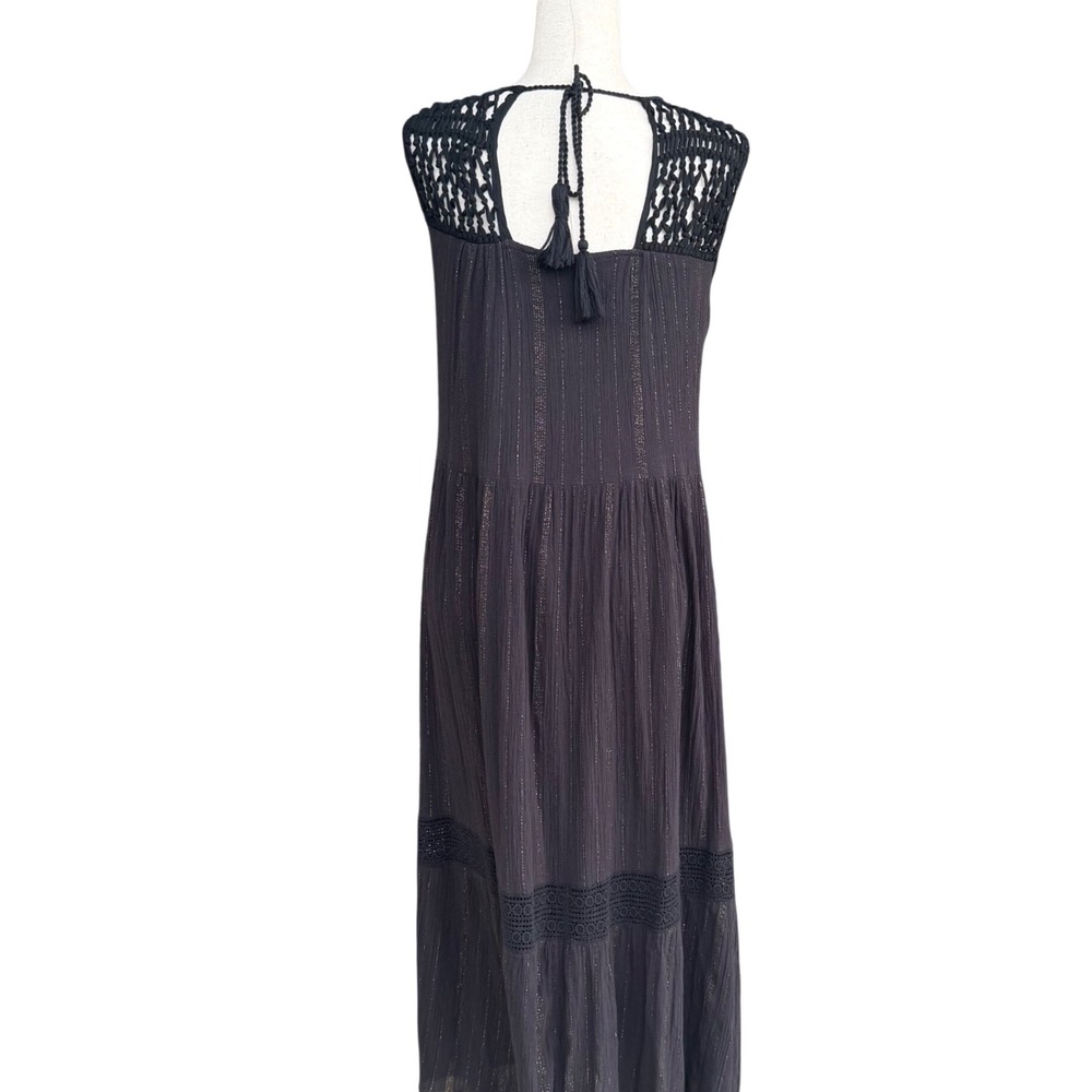 Maeve Anthropologie Black Metallic Stripe Boho Crochet Tassel Maxi Dress Small - Picture 4 of 10